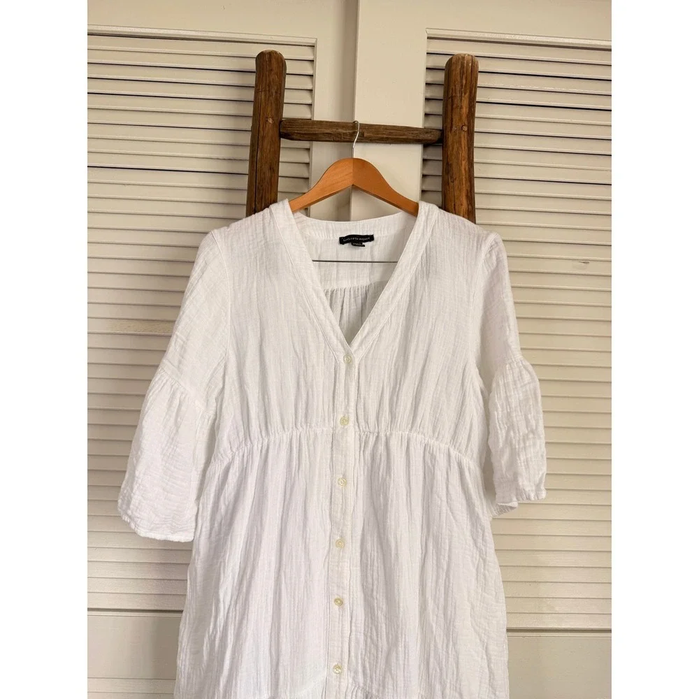 Saks Fifth Avenue White Cotton Gauze Tiered Midi Dress V-Neck Bell Sleeve Large
